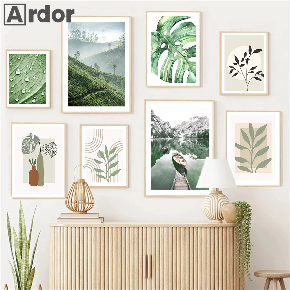 

Scenery Pictures Canvas Painting Wall Art Green Tree Mountain Lake Landscape Poster Abstract Leaf Print Modern Living Room Decor