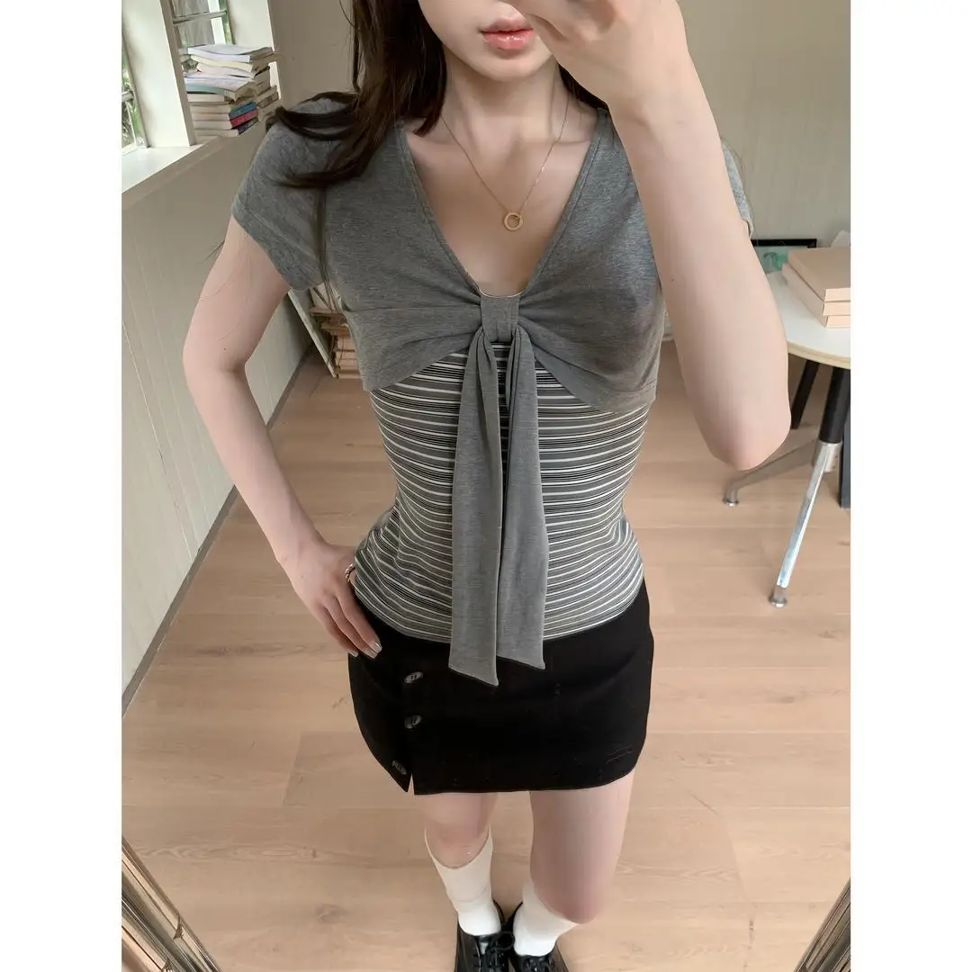 2026 Korean Niche Design Sense Summer New Bow Two-piece Striped Splicing Short Sleeved T-shirt Top Women
