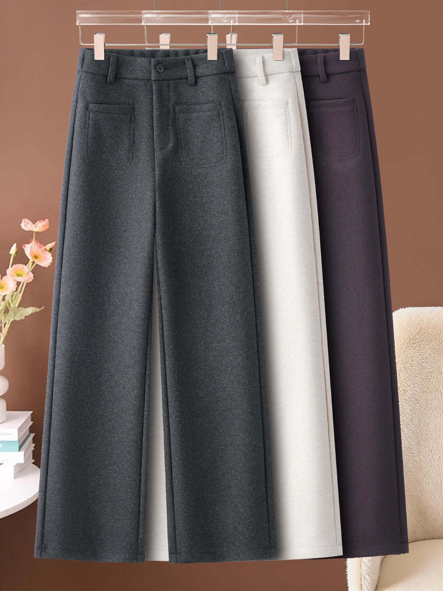 

High Waist Straight Leg Woolen Suit Pants Women's Autumn Winter Casual Wide Leg Soft Comfortable Loose Fit Fashionable