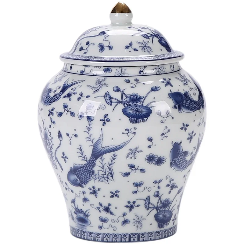 Chinese Vintage Blue and White Porcelain General Jar Ceramic Ginger Jar Airtight Storage Tank Porcelain Crafts Decoration