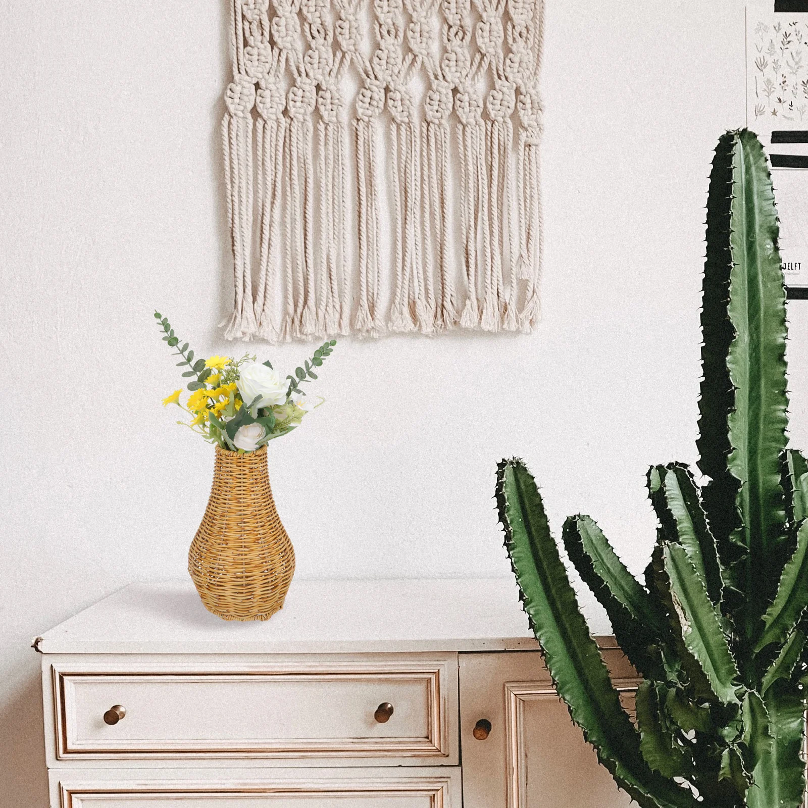 

Simple Plastic Flower Vase Imitation Rattan Woven Decorative Vase for Home Office Balcony Flower Arrangement Desktop Adornment