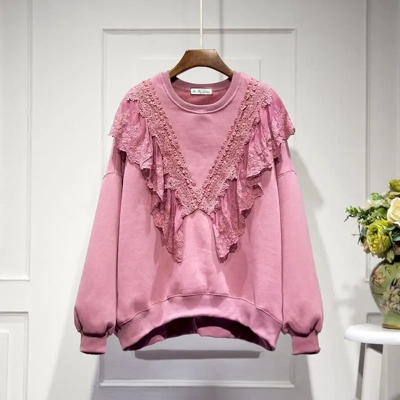 lace patchwork pullovers women fashion design casual loose tops 2024 spring autumn trend solid pullover vintage top y2k clothes