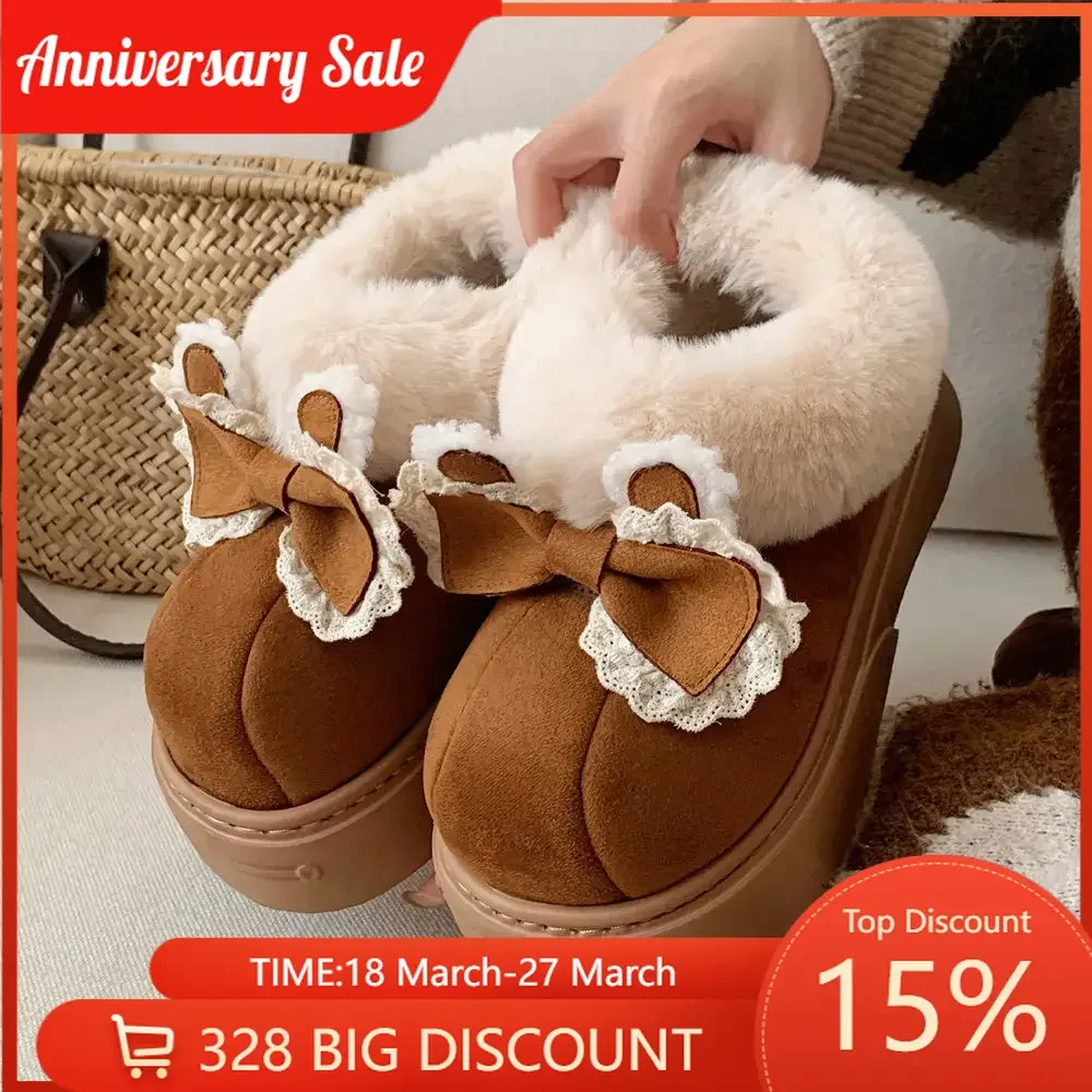 

Retro Lace Bow Outdoor Women's Snow Boots Winter Warm Non-slip Cotton Shoes Padded Short Boots Ethnic Style Cute Soft Warm