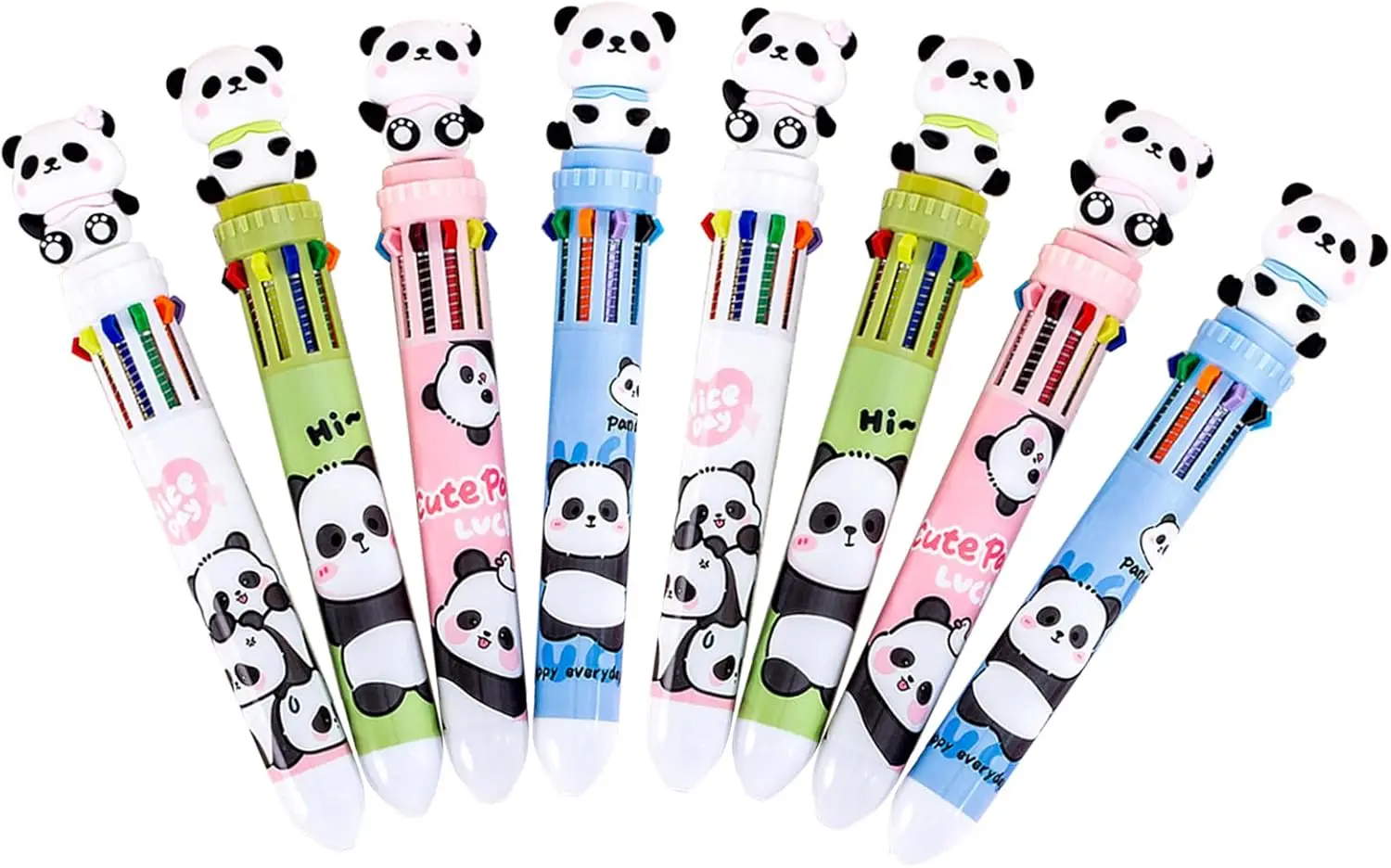 12 Pcs Cute Panda Pens, 0.5mm 10 Colors Retractable Ballpoint Pens, Cartoon Panda Writing Supplies