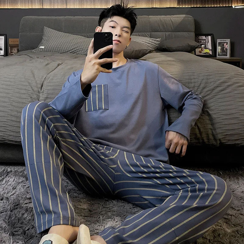 Spring Men's Cotton Pajamas Set 3XL Men Sleepwear Male Striped Soft Comfortable Night Male Pijamas Long Suit Pyjamas Hombre Pjs