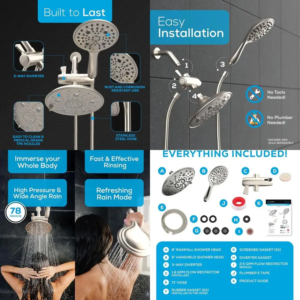 

8 High Pressure 55-Mode Dual Shower Heads with Handheld Spray - Rainfall and Handheld Combo in Brushed Nickel