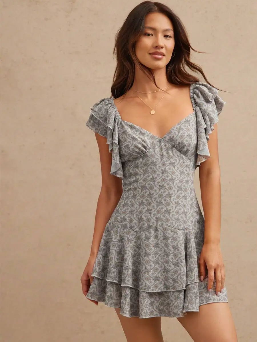

Gray Paisley Print Ruffle V-Neck Tiered Fit-and-Flare Mini Dress