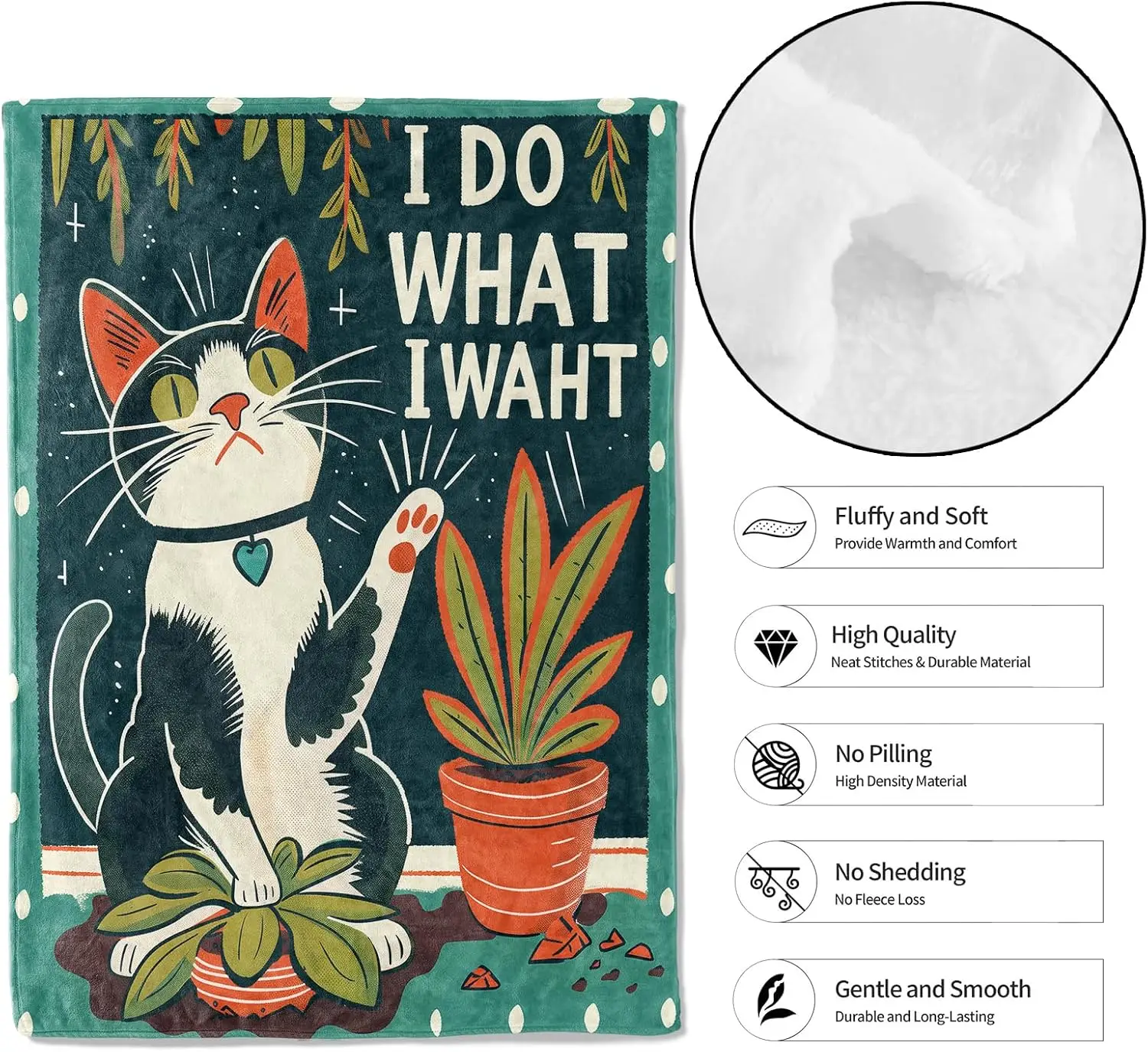 Retro Cartoon Kitty Broken Potted Plant Letter Pattern Comfortable Fleece Blanket Fit Sofa Bed Casual Lovely Household Decor
