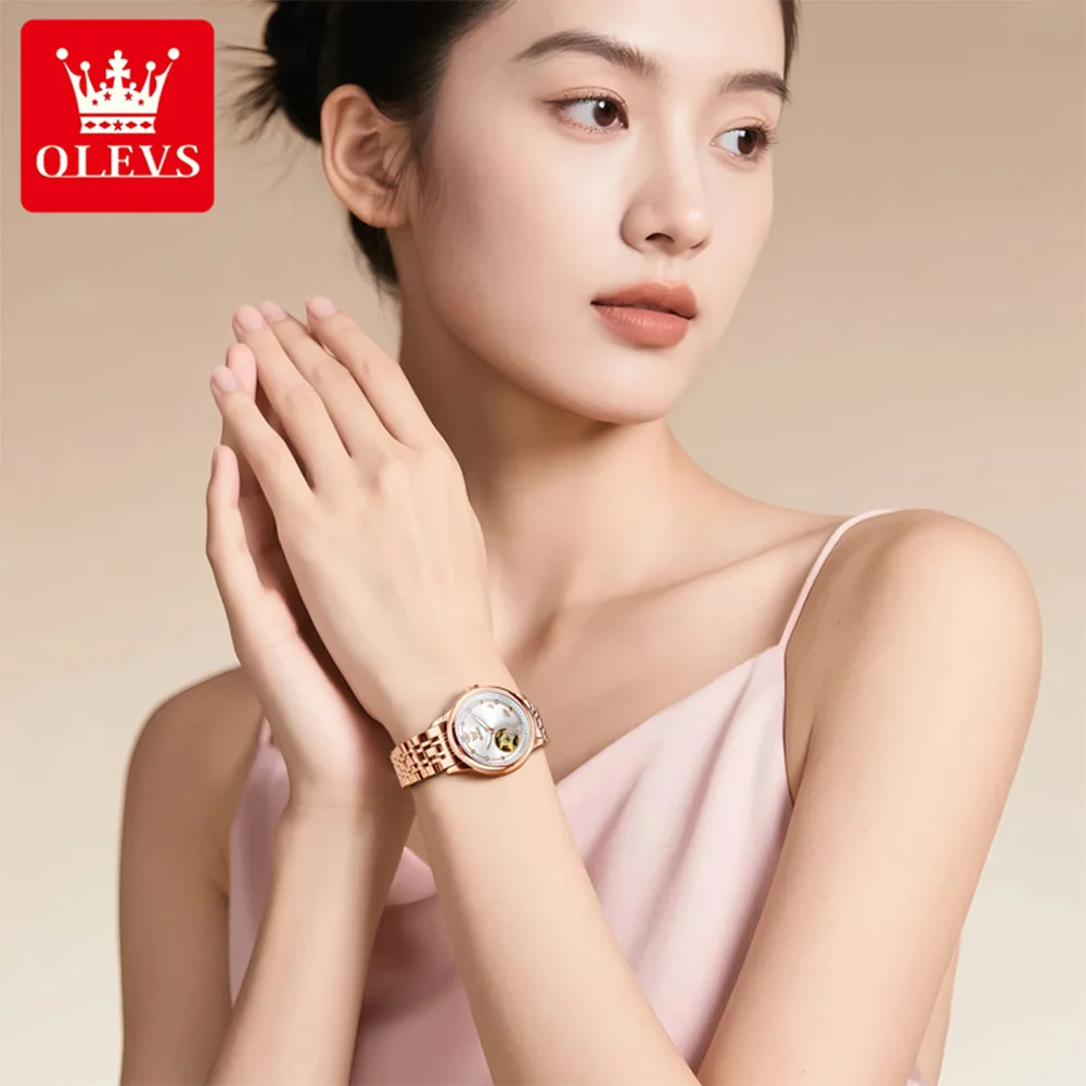 OLEVS 6732 Top Brand Women's Watches Elegant Stainless Steel Hollow Waterproof Luminous Automatic Mechancial Watches for Lady