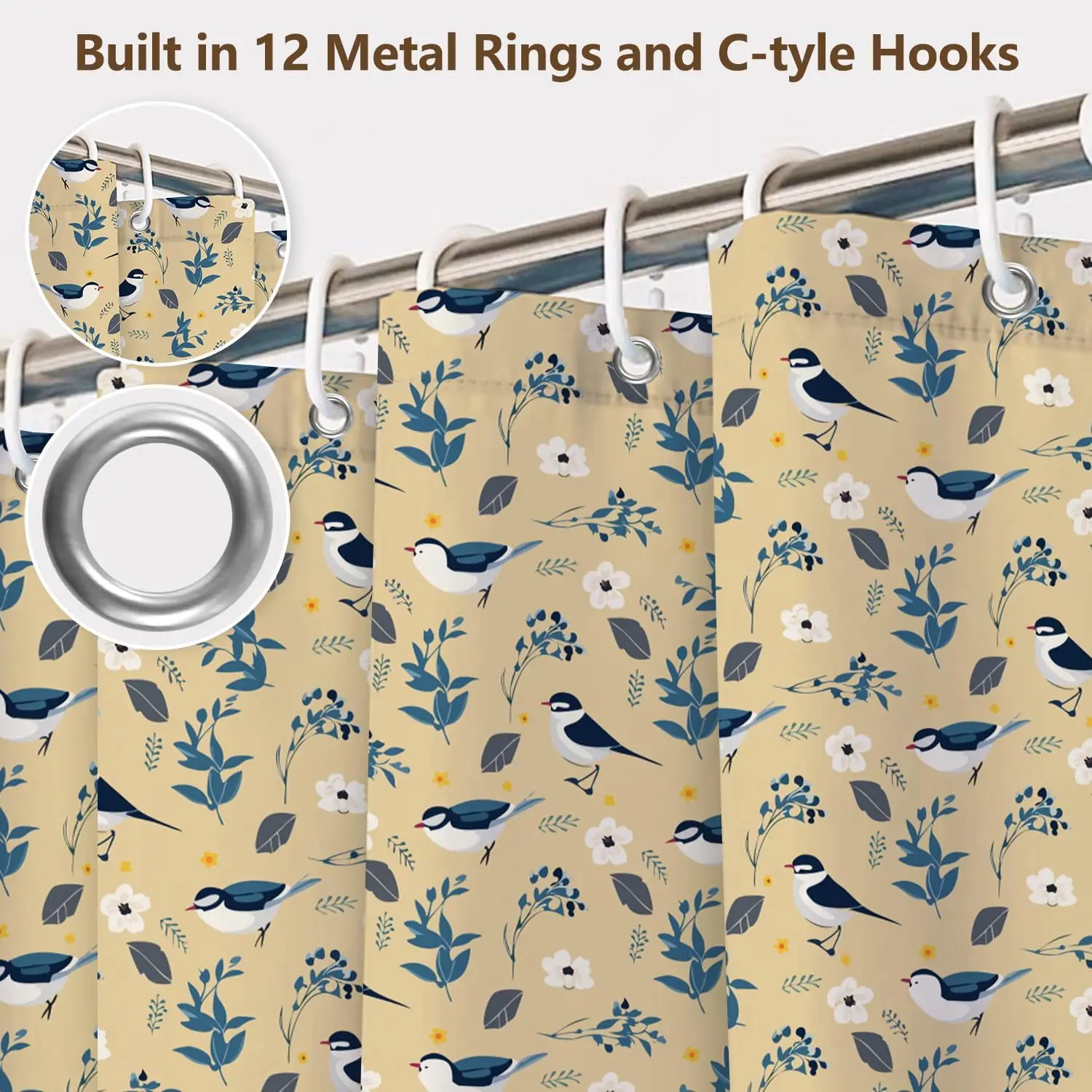 Blue Bird Floral Pattern Shower Curtain Bathroom Decor Nature Inspired Tropical Cute Animal Print Waterproof Shower Curtain