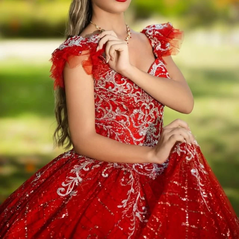 

Customized Shiny red Quinceanera Dresses Off the Shoulder glitter applique Long tail Vestido 15 Quinceanera