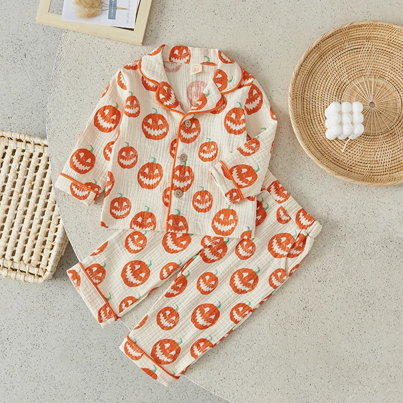 Suefunskry Kids Baby Halloween Sleepwear Outfits Pumpkin Print Single-breasted Long Sleeve Tops Pants Pajamas Set Homewear