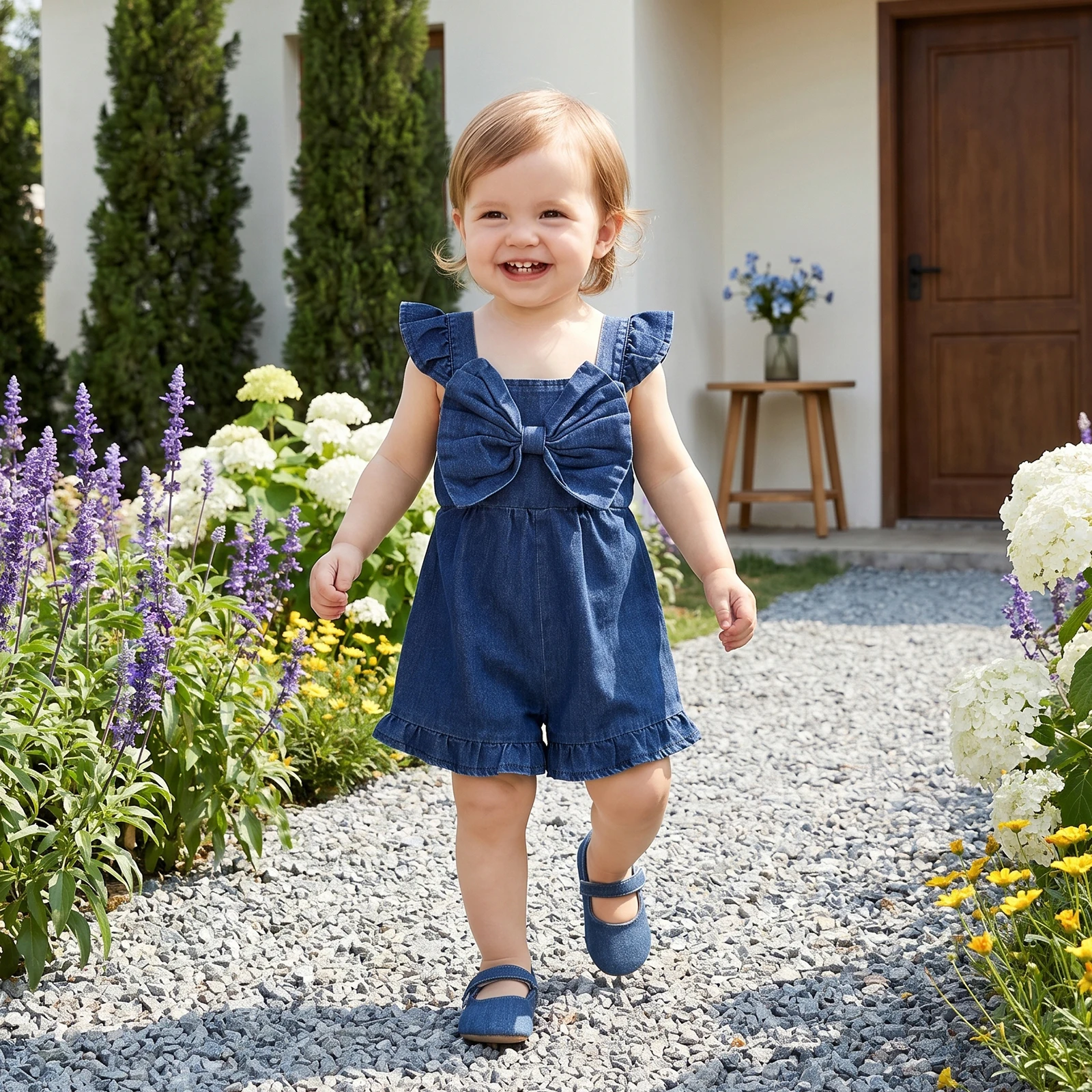 0-5Y Girls Summer Denim Overalls Flying Sleeve Square Neck Big Bow Pants Jumpsuit Jeans Flared Pants