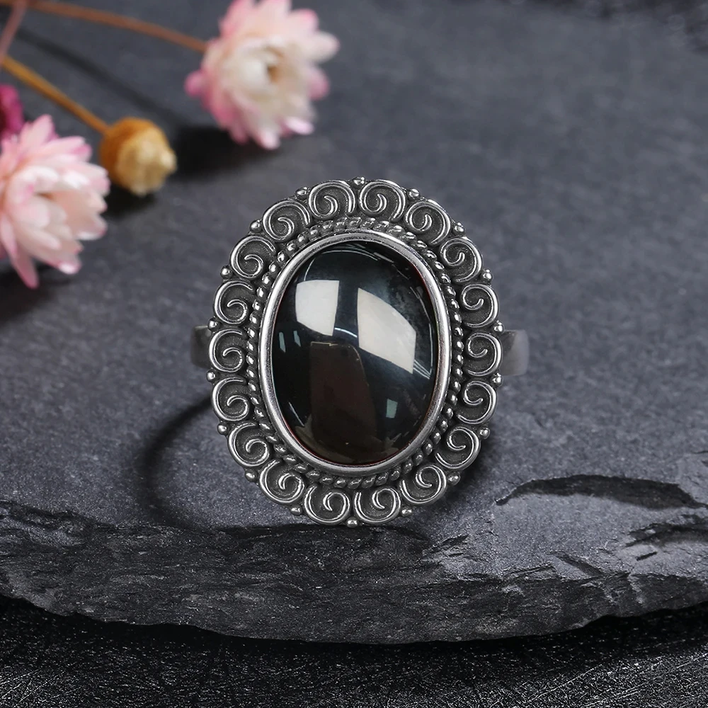 925 Sterling SilverRing for Women Gift Oval Round Natural Black Agate Ring Sun Shaped Retro Jewelry