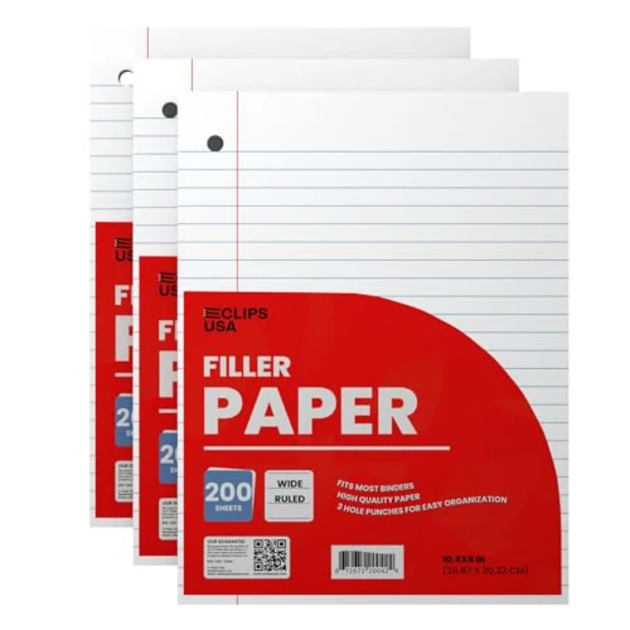 

Wide Ruled Loose Leaf Paper Wide Ruled Notebook Paper Lined Writing Filler Paper 10.5" x 8" 5 gsm 00 Sheets 200 Sheet Per