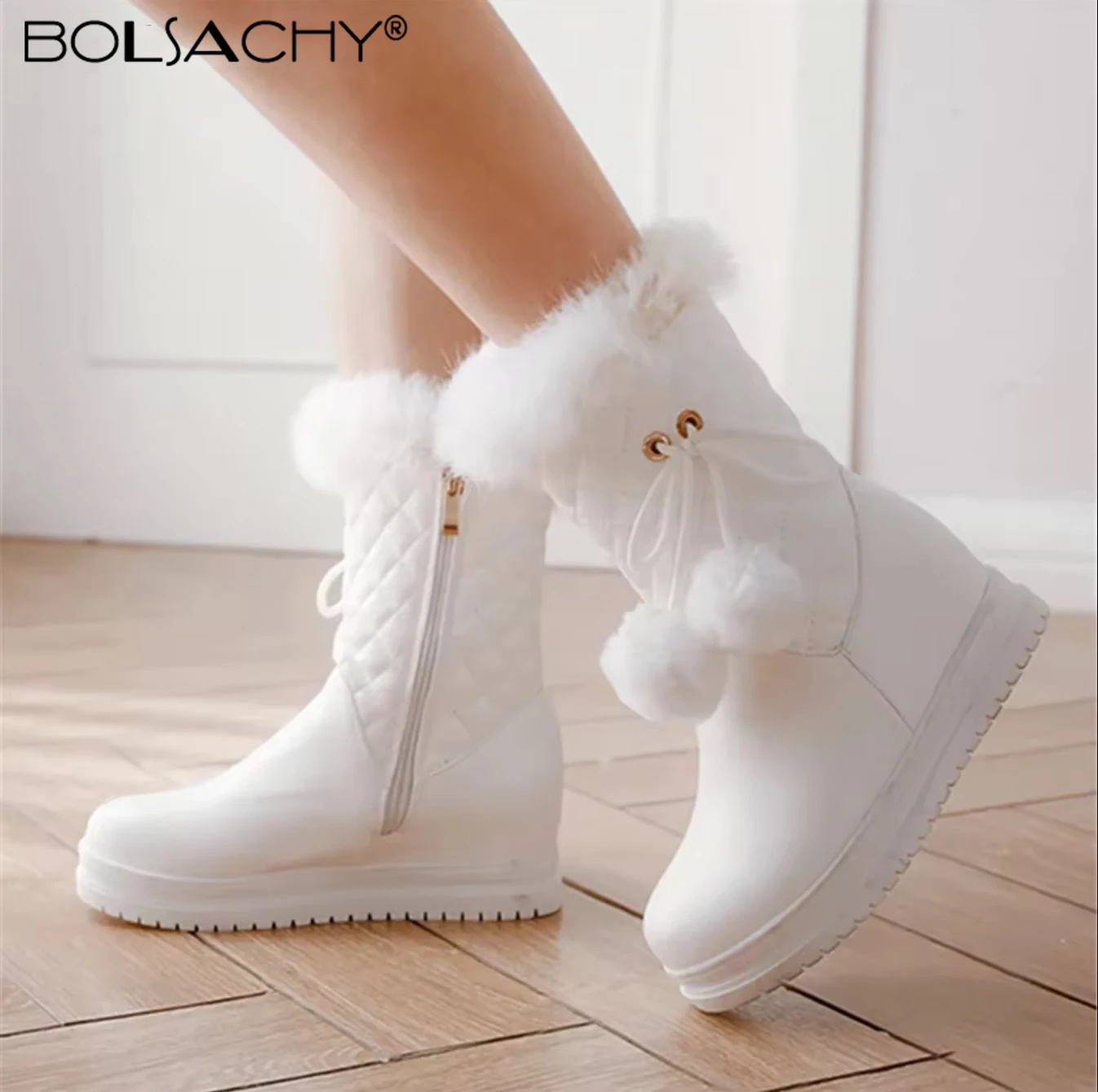 Fashion Women Snow Boots 2026 Winter Boots Height Lncreasing Platform Thick Plush Warm Zip Winter Shoes 34-43 White Pink Black