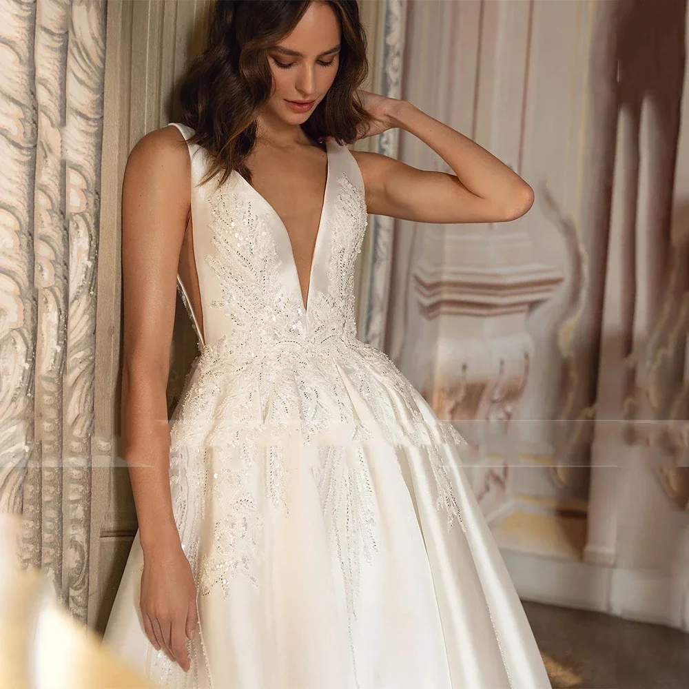 Flavinke Customized V-neck Sleeveless Wedding Dresses 2025 Beading Open Back  Princess Bride Gown Vestido De Novia