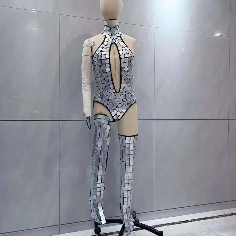 Traje de Baile Sexy para Mujer, Estilo Drag Queen, con Cubrebotas, Estampado de Espejo Dorado y Plateado, para Actuaciones en Bares, Discotecas y Conciertos