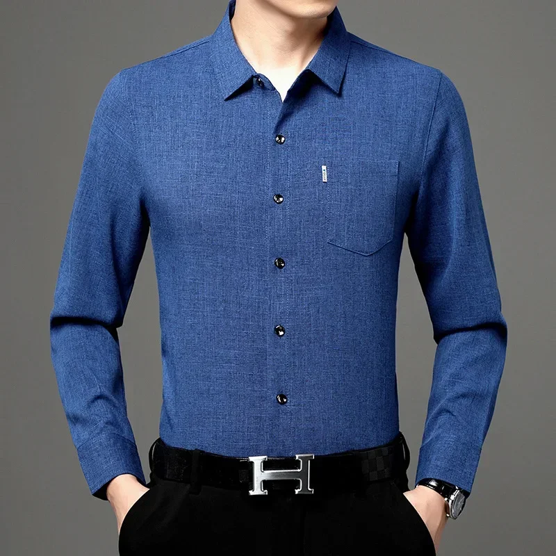 

Gift Four Seasons Non ironing Middle aged Men Casual Shirt Imitation Linen Solid Color Shirt Fashion Business True Pocket DadSet