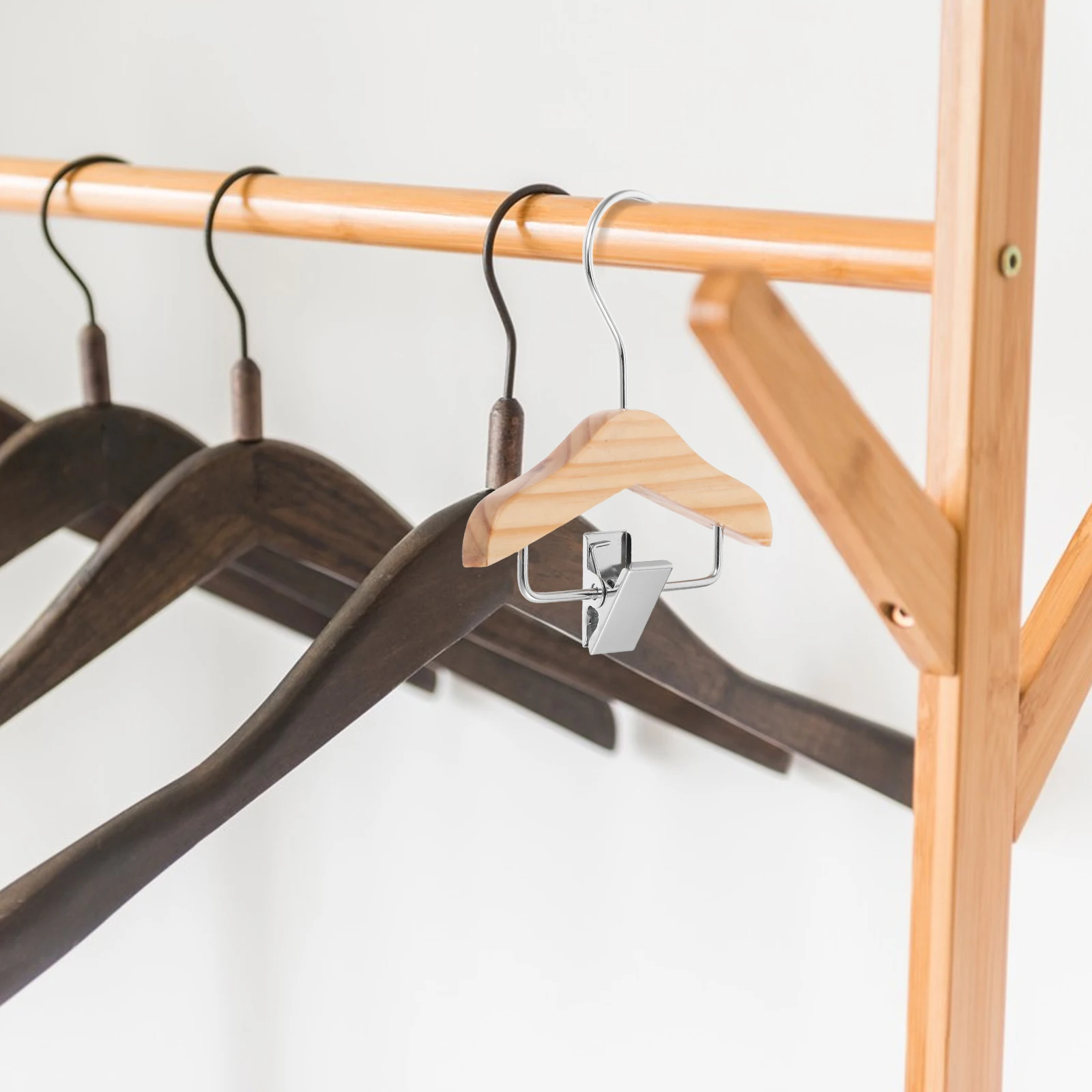

5pcs Children Wooden Hangers Baby Toddler Small Light Brown Coat Pants Clip Space Saving Mini Clothes Rack Storage Organizer