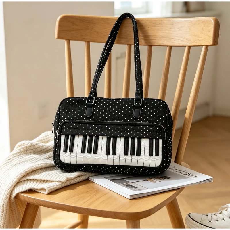  Polka Dot Piano Key Schultertasche, Damen Bowling Nylon Handtasche, Y2k Teenager Mädchen Große Kapazität Pendel- und Reisetasche, Süße Niedliche Tragetasche – Detail 4