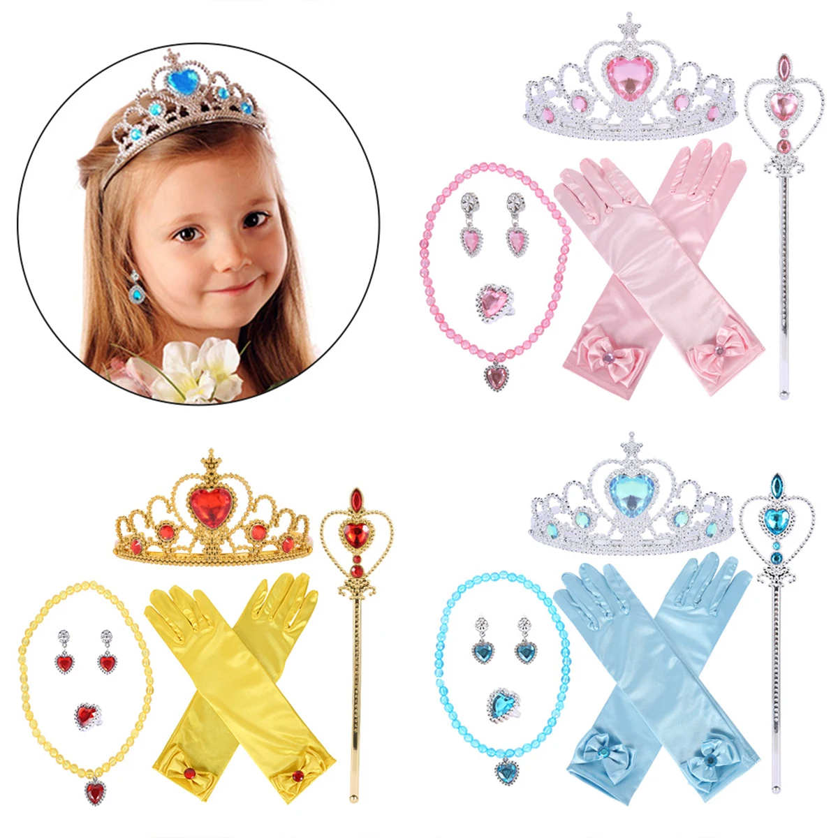 6Pcs Elsa Princess Accessories Girls Crown Gloves Wand Jewelry Set Necklace Kids Princess Queen Dress Clothing Cosplay Dress UP