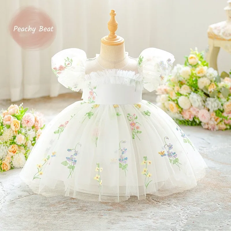 

Платье принцессы с цветочной вышивкой для маленьких девочек, платье с пышными рукавами и тюлевым платьем для малышей, одежда для дня рождения, вечеринки, От 0 до 3 лет