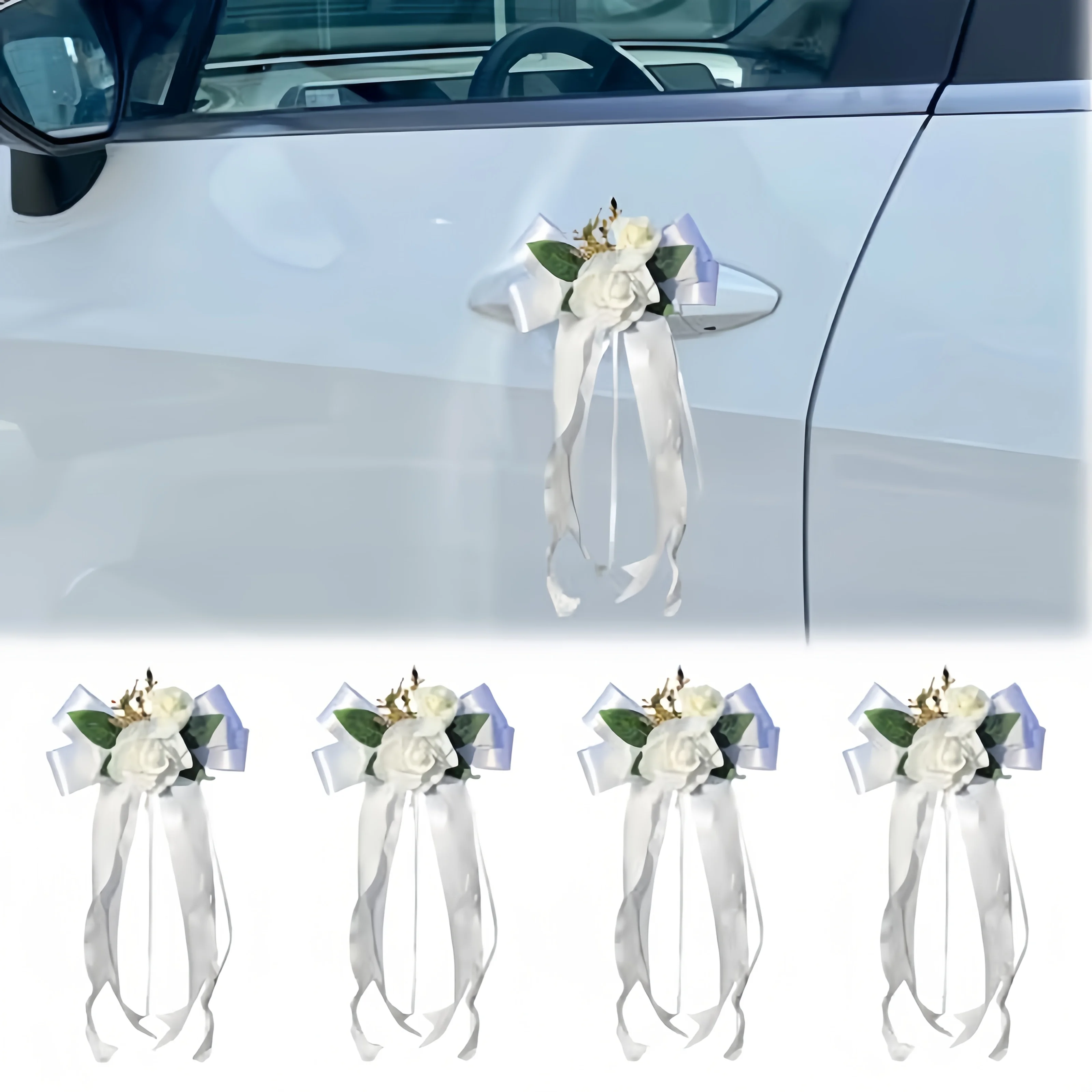 4pcs Wedding Car Door Handle Decorations - Artificial Flower Bouquet with Bow & Suction Cup Attachments, White & Blue Ribbon