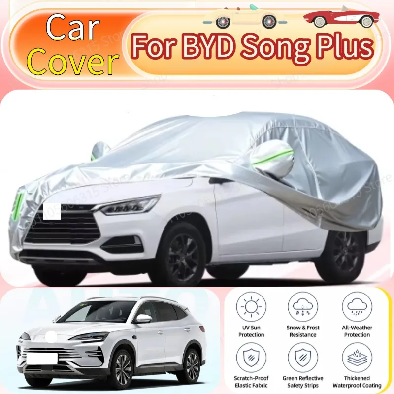For BYD Song Plus 2018-Present Custom Fit Full Car Cover Silver Coated Fabric Side Zipper Access UV Sun Dust Protection