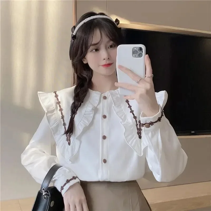 Jmprs Sweet White Shirt Women Korean Chic Kawaii Long Sleeve Tops New Spring Fashion Peter Pan Collar Preppy Style Blouse Ladies