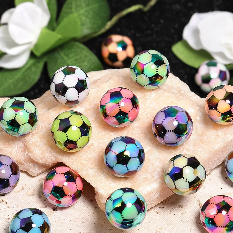 

100PCS 16mm Acrylic Football Printed Bead Colorful Electroplating UV Round Beads DIY Phone Bag Chain Loose Beads Ornaments