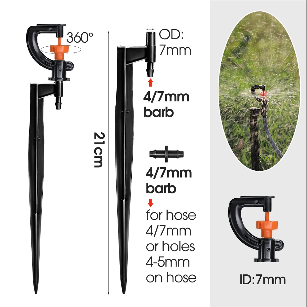 5 szt. Dyszy rozpylającej 360 ° nawadnianie ogrodu zraszaczy mikrowirnikowych z 21cm akcesoriami do podlewania palika do węża 4/7mm