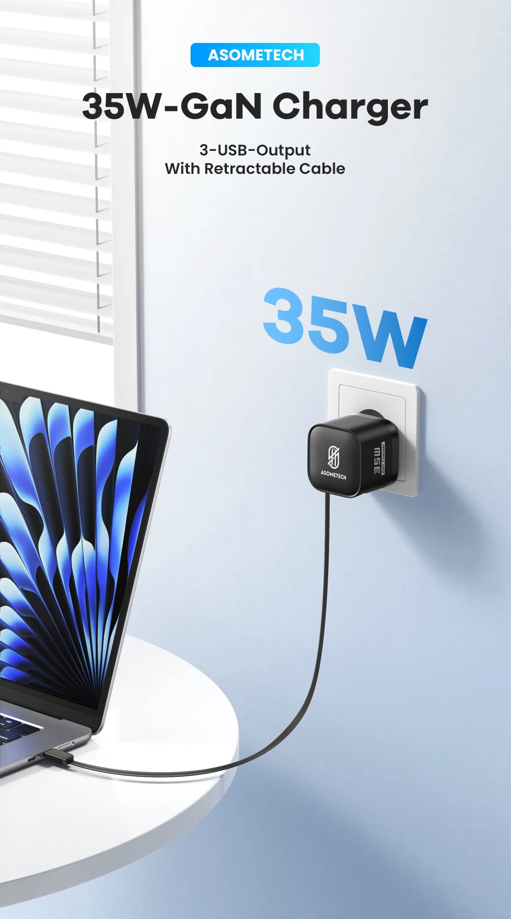 ASOMETECH 35 W GaN USB C Ladegerät mit Typ C einziehbarem Kabel 3 USB PD3.0 QC3.0 PPS Schnelles USB-Ladegerät für iPhone 17 iPad Samsung – Detail 1