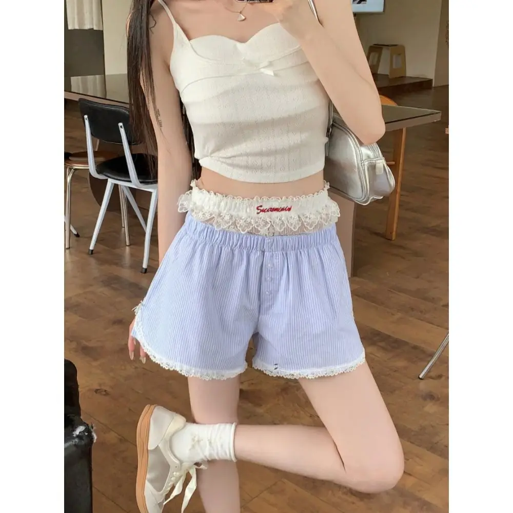 S,M,L,XL Sexy Cute Summer Striped Shorts Blue Pink Elastic Waist Shorts Button Embroidered Lace Shorts Leggings for Women Girl