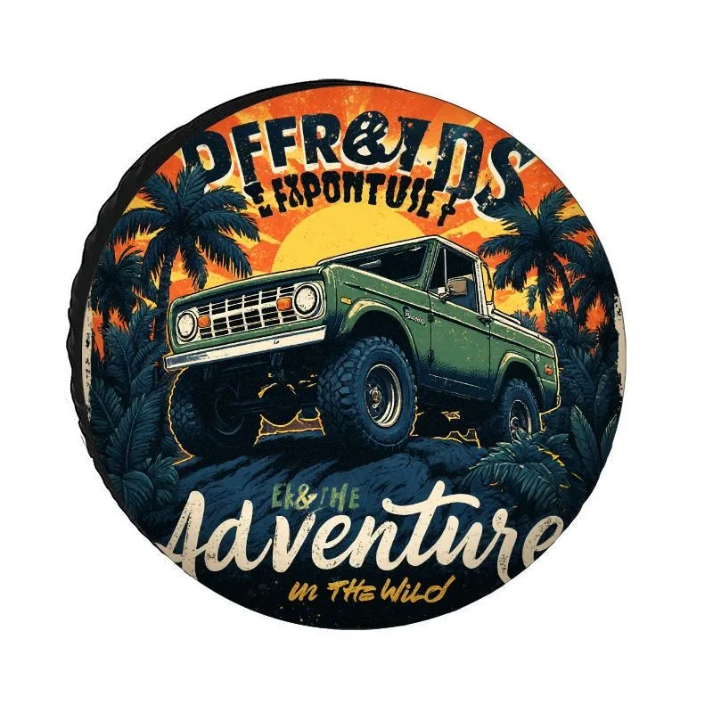 Retro Offroad Adventure Tire Cover Palm Sunset Spare Wheel Protector Durable Outdoor Decor