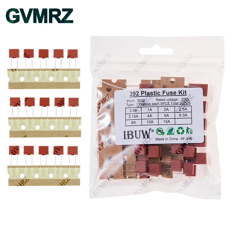 55PCS 11Values 392 Plastic Fuse Kit (0.5A/1A/2A-15A) 250V for DIY Electronic Overcurrent Protection Project