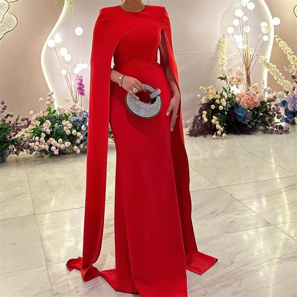 

Elegant Red Satin O Neck Mermaid Evening Dresses with Cape Modern Dubai Formal Prom Dress Saudi Arabia Women Wedding Guest Gowns