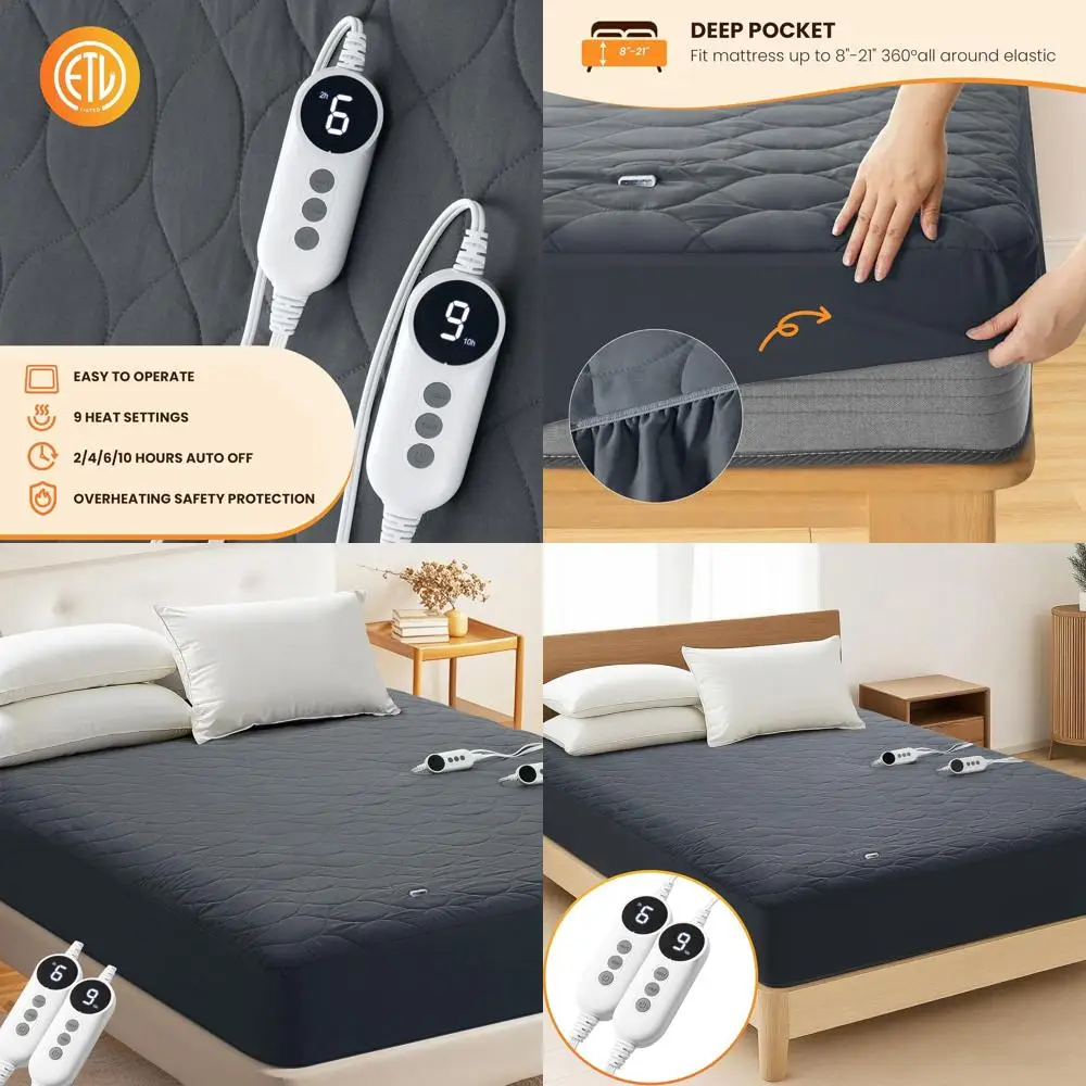 

Queen Size Heated Mattress Pad with Dual Controls, 6 Heat Levels, 10-Hour Timer, Quilted Cover, Grey, 60x80
