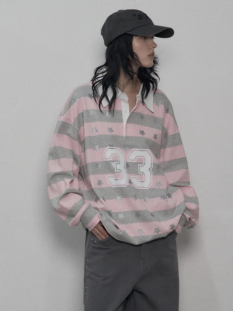 เสื้อสเวตเชิ้ตผู้หญิงลายทางสไตล์อเมริกันทรงหลวม แขนยาวปานกลาง ผ้าฝ้าย