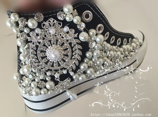 2022 New Arrival Fashion Shoes for Woman Diamond and Pearl Wedding Bridals Shoe High Top Canvas Shoes Sweet Party