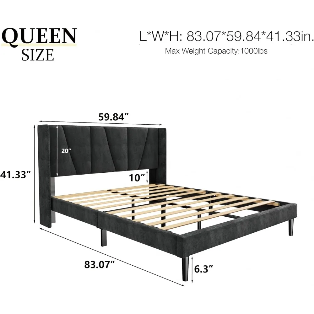 Bed Frame with Headboard, Velvet Upholstered Platform Bed Frames, Contemporary Mattress Foundation, Noise Free, No Bo