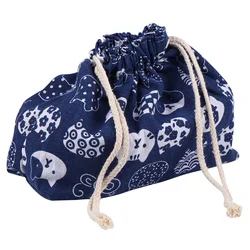 Lunch Bento Drawstring Box Japanese Pouch Tote Picnic Cotton Storage Cute Cat Women Linen Container Handbag Food Insulated