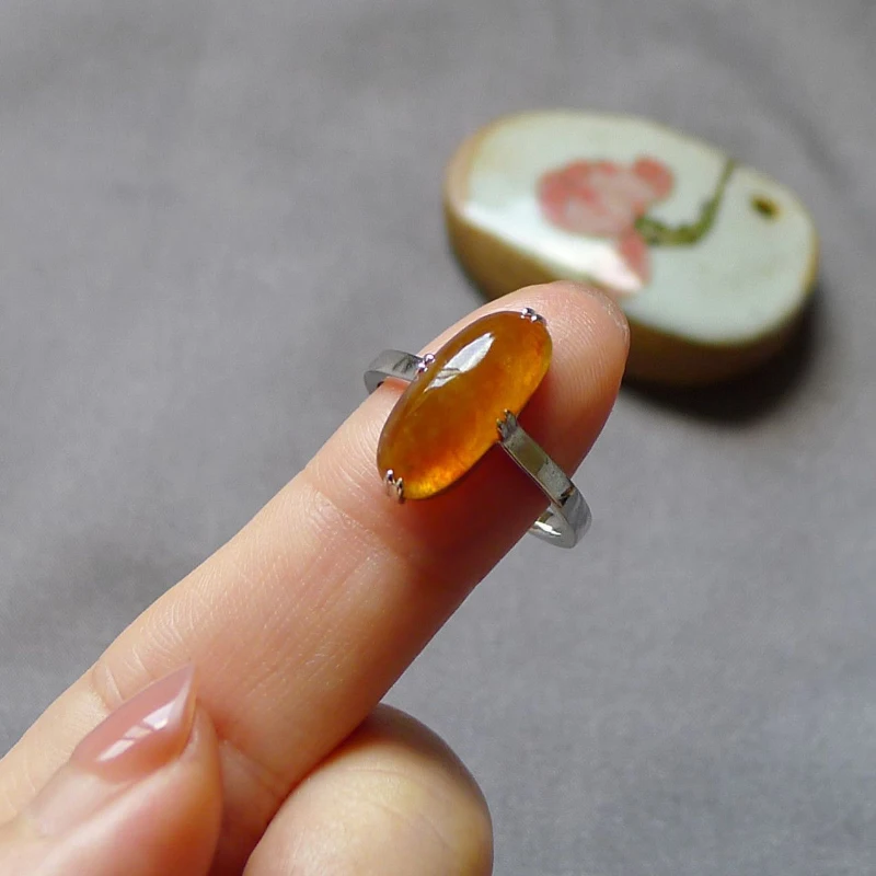 Silver rings for women inlaid ice tangerine natural chalcedony gloss long strip gorgeous elegant simple party jewelry