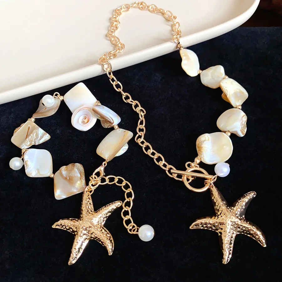 Gold Tone Brown Iridescent Shell Starfish & Pearl Toggle Necklace / Tassel Bracelet for Women Beach Boho Vacation Jewelry Sets