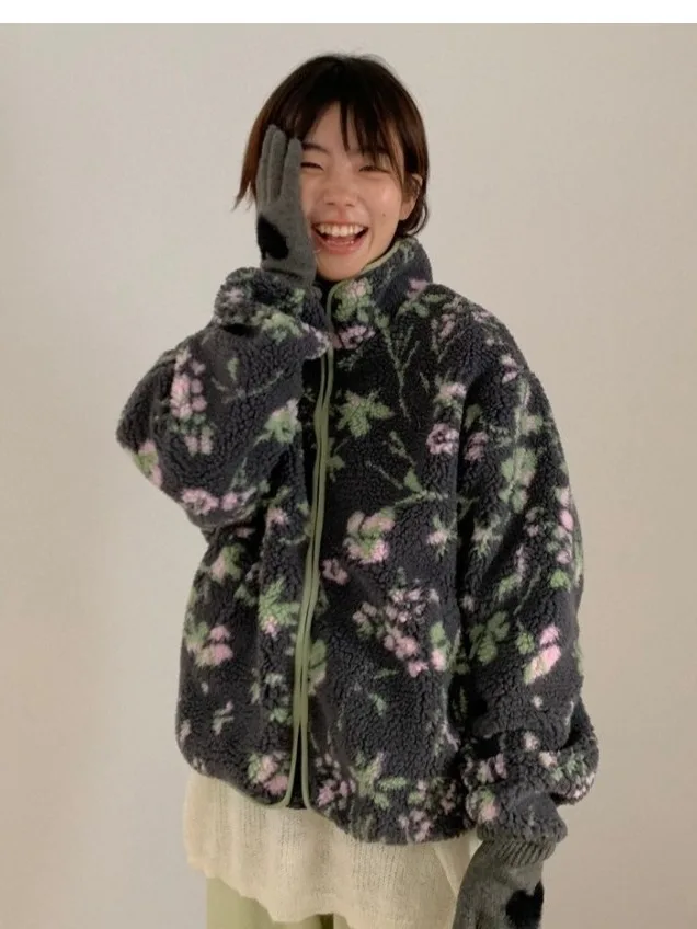 Winter New Vintage Lamb Velvet Printed Jacket Women's Loose Lazy Style Design Warm Cotton Coat Female Outerwear Coat