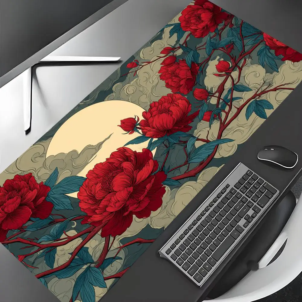 Vintage-style artistic red peony Mouse Pad Gaming mats Non-Slip Desk Mat mouse carpet with Stitched Edge HD printing Office mat