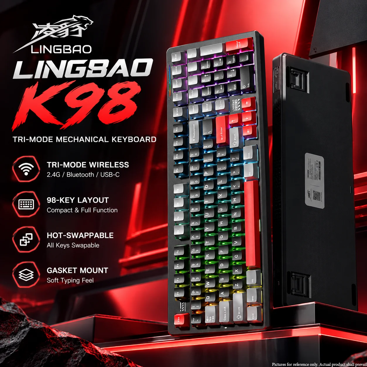 AULA LINGBAO K98 Tri-mode Mechanical Keyboard Full Hot Swap Gasket RGB 5000mAh PBT Keycaps 98 Layout Gaming Keyboard