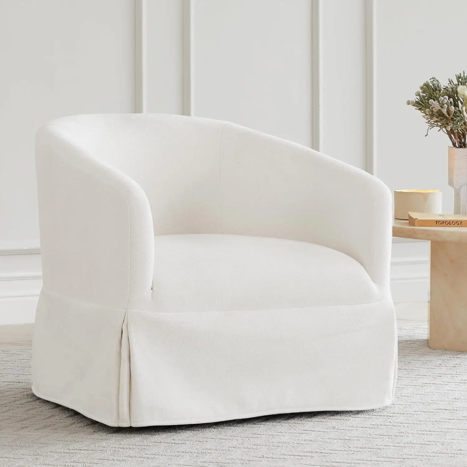 Contemporary Swivel Barrel Chair Armchair Living Room Reading Seat White Ergonomic Design 360 Degree Rotation Durable Wood Frame