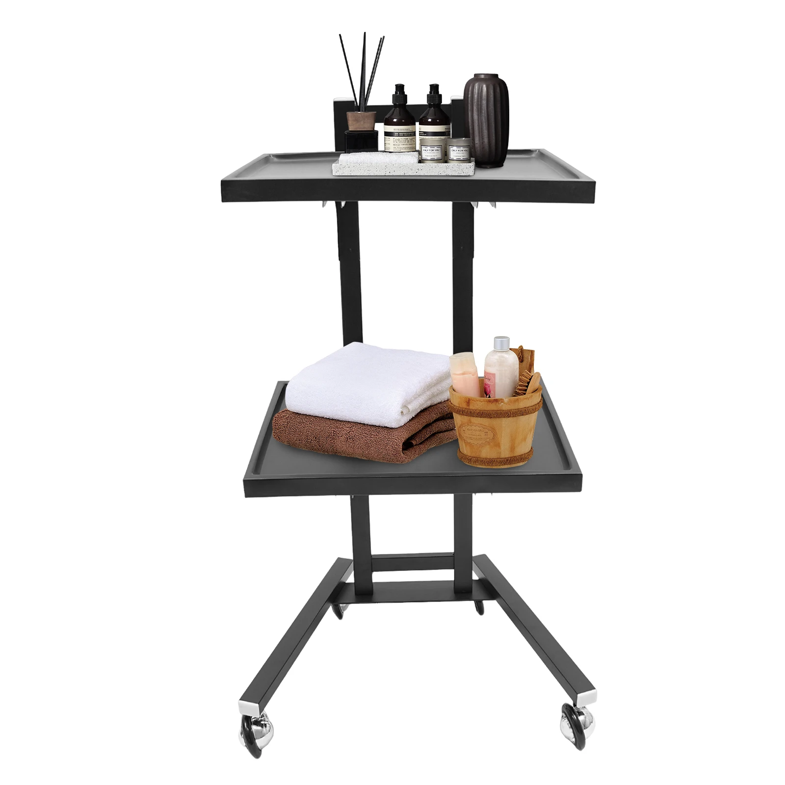 [عيد الميلاد] عربة دوارة معدنية من طبقتين صينية صالون قابلة للطي مع عجلات صينية دوارة عربة صالون عربات المرافق السوداء من الفولاذ المقاوم للصدأ