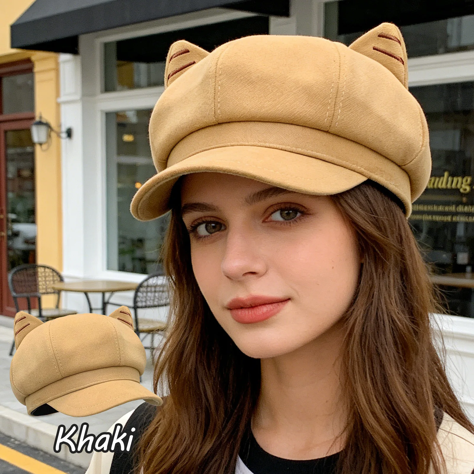 Modische Baskenmütze für Damen, Malermütze mit Katzenohren, einfarbig, Retro-Achteckmütze für Frühling und Herbst, lässige Alltagsoutfits